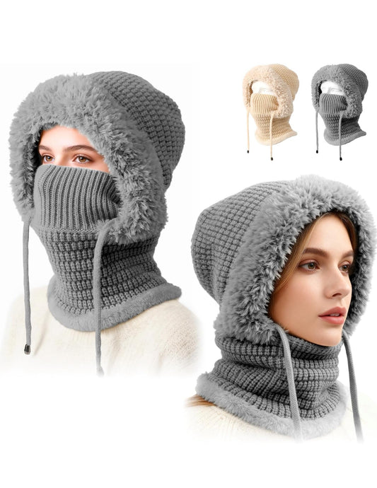 3 in 1 Beanie Hat for Women, Womens Balaclava Winter, Upgraded 3-in-1 Cold Knitted Hats Wind Resistant Hooded Scarf